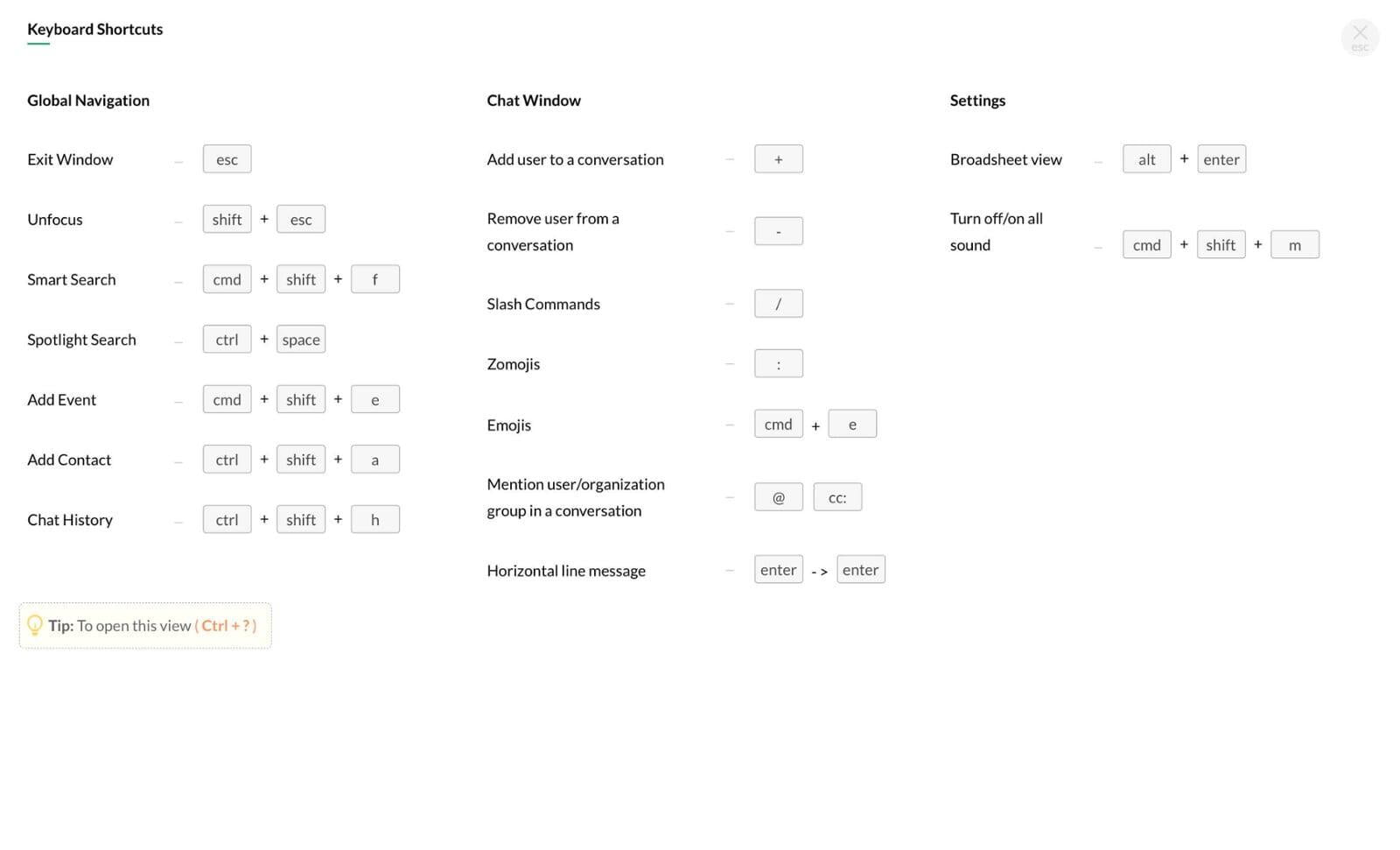 Keyboard shortcuts in Zoho Cliq