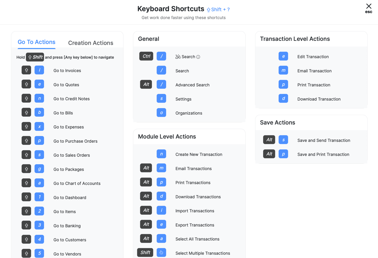 Keyboard Shortcuts in Zoho Books