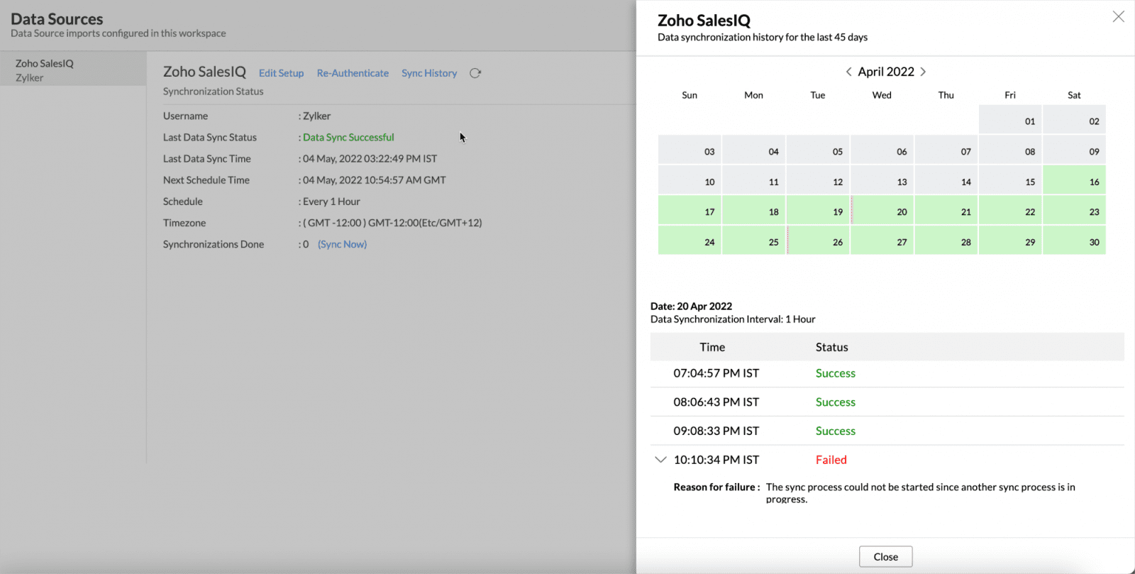 sync history zoho analytics