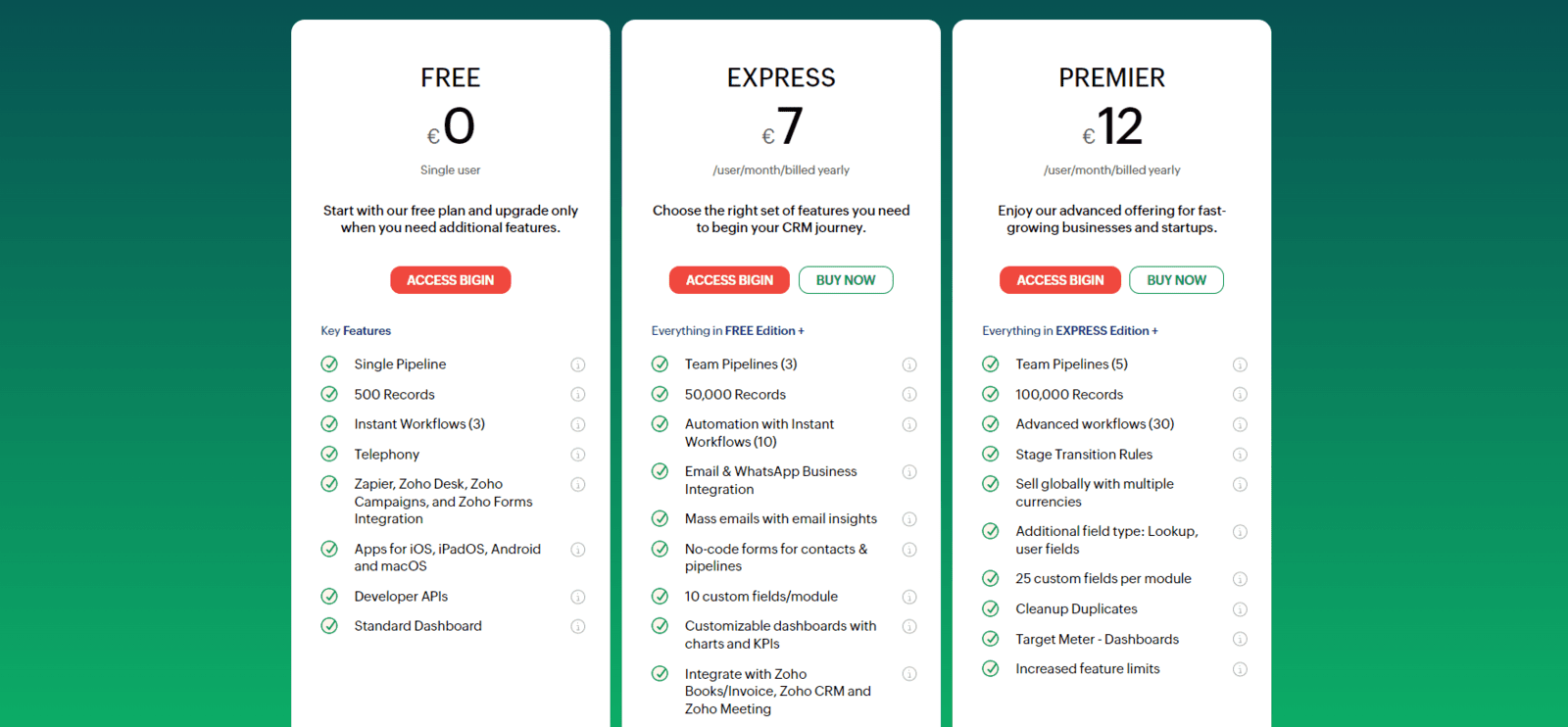 zoho bigin pricing